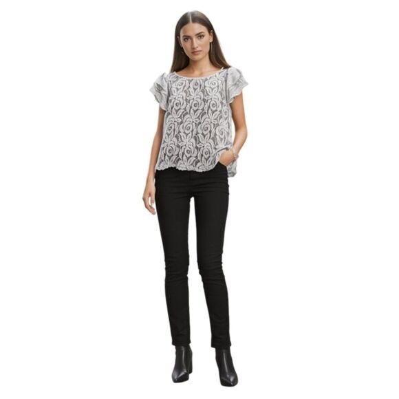 KLD Signature Cream Lace Ruffle Sleeve Top l Size M - Picture 1 of 10